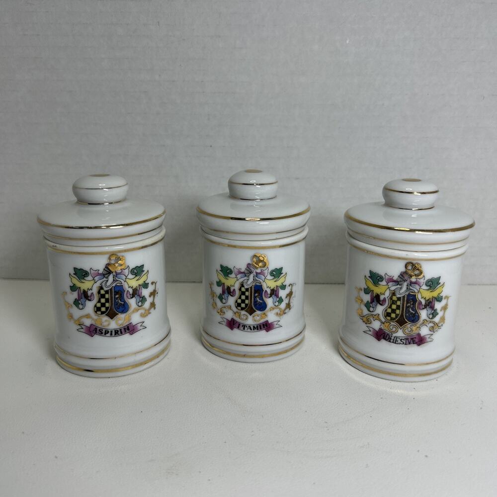 Vtg Apothecary Jars DOM Ceramic Japan Coat Of Arms Qty3 Vitamin Aspirin Adhesive